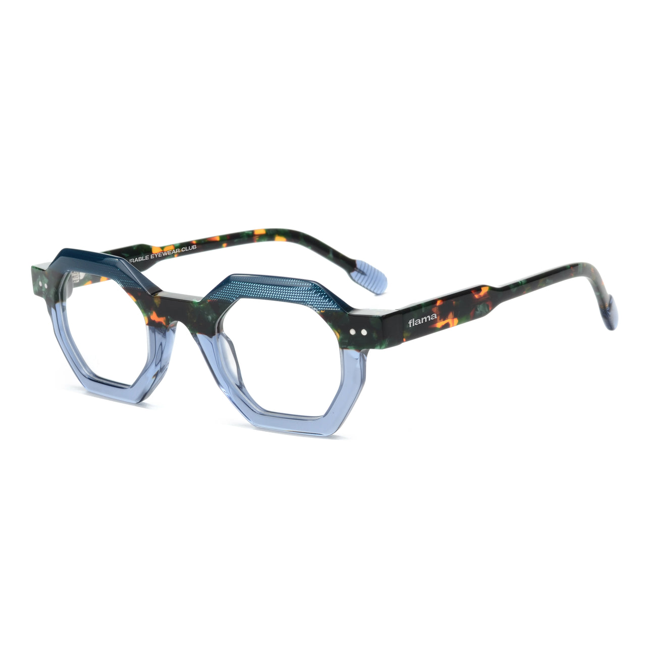 Gafas graduadas Flama Raymon hexagonales azules con detalles naranjas y verdes