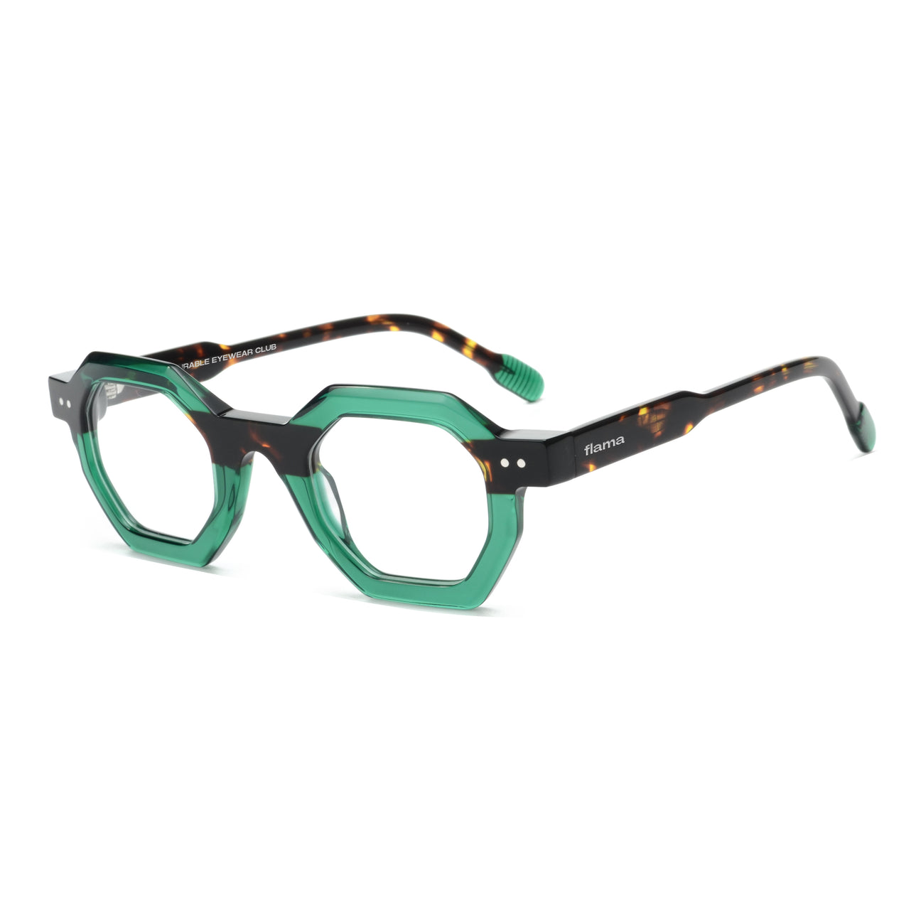 Gafas graduadas Flama Raymon hexagonales verdes con detalles habana